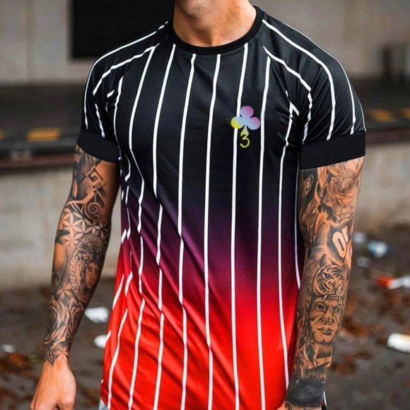 Red And Black Mens Striped Tee - Picture 3 of 5